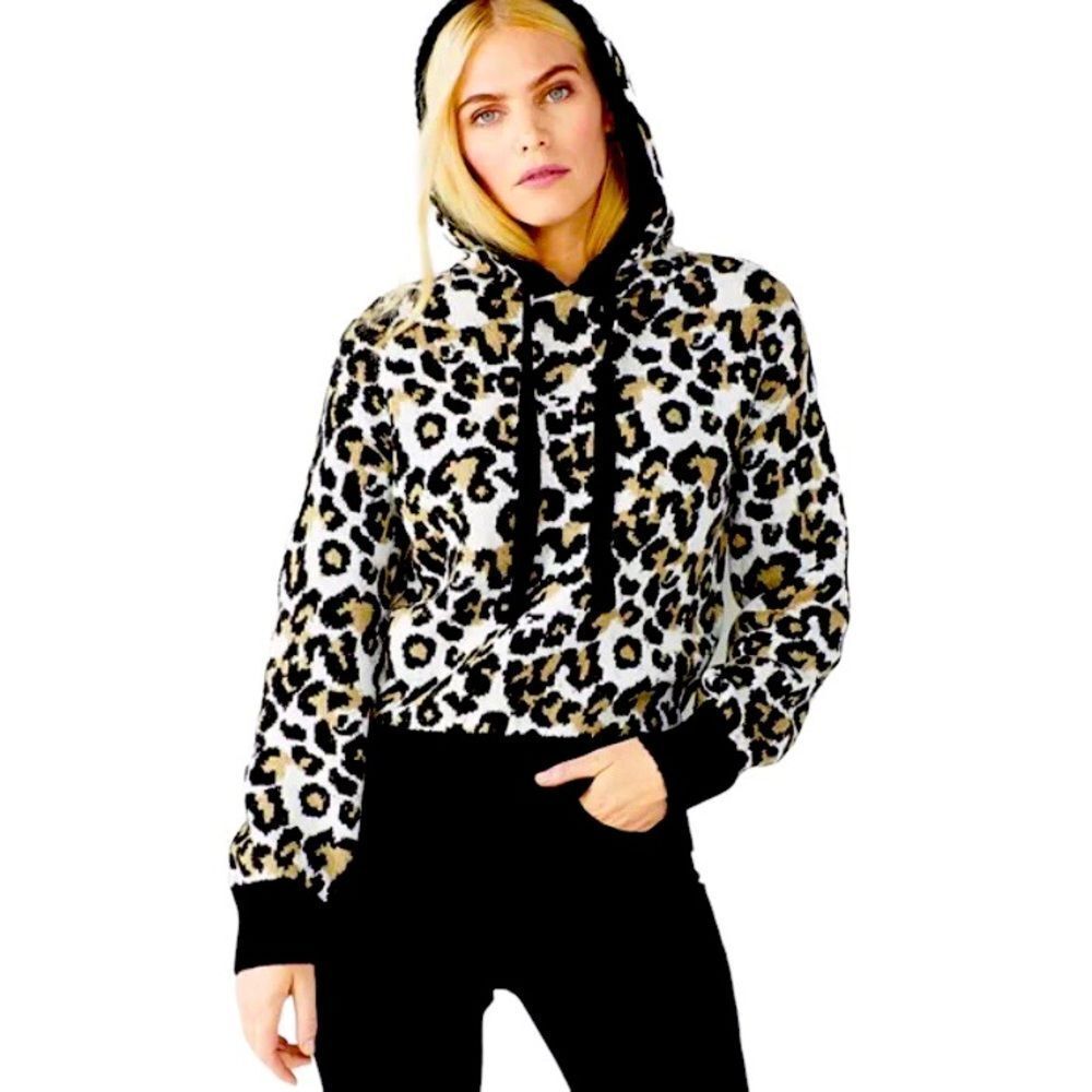 Nine West Pullover Hoodie Leopard Print Tan White & Black Size Large Petite